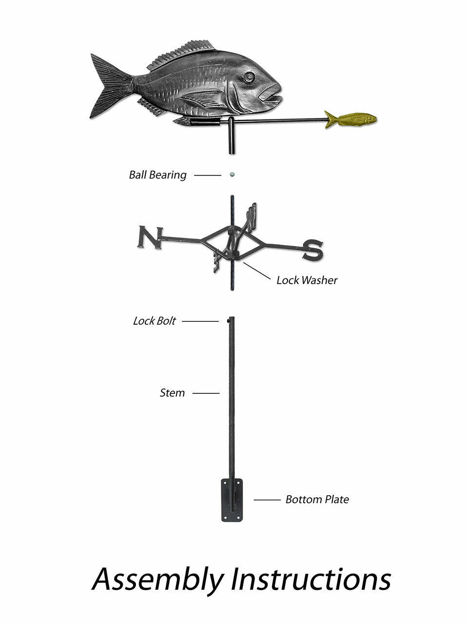 Gubba Weathervane Snapper showing detailed metal casting for garden pole mounting — Bugg