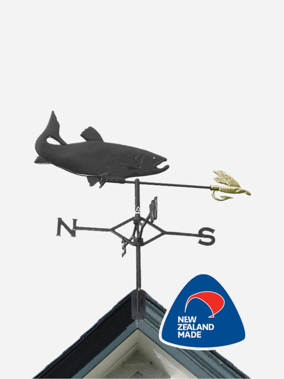 Gubba Weathervane Trout showing detailed metal silhouette for garden pole mounting — Bugg