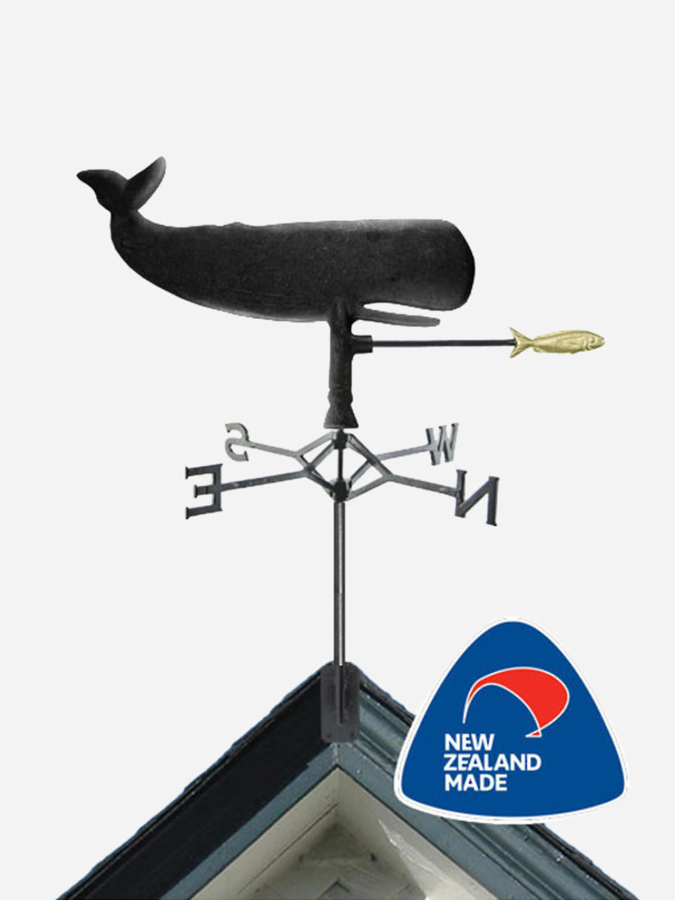 Gubba Weathervane Whale showing detailed metal silhouette for outdoor garden or rooftop use — Bugg