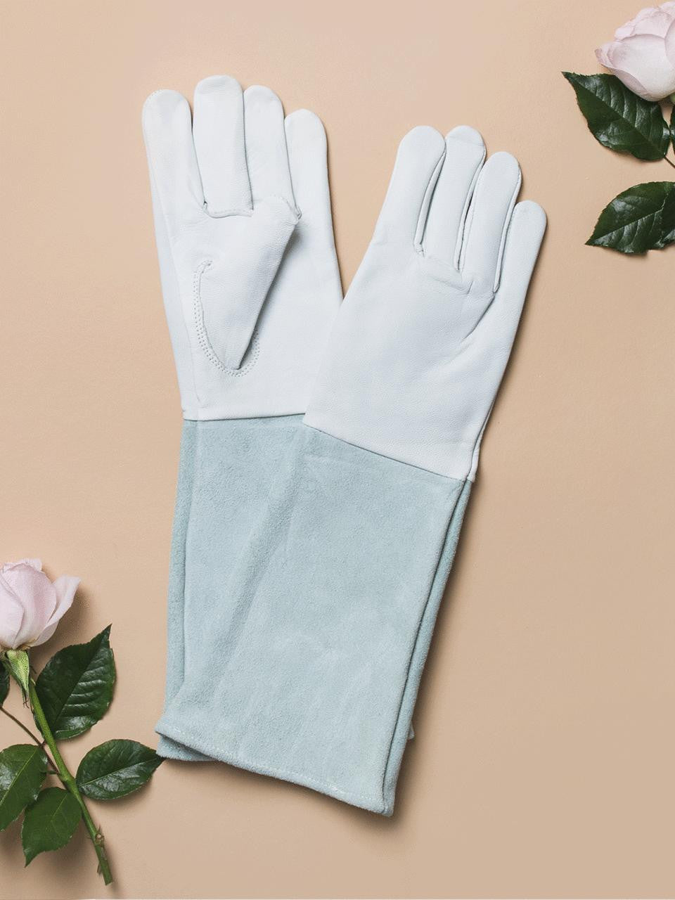 Gubba Thorn Defence Gloves Long in rose white, protective gardening gloves with extended cuffs for thorn and branch protection.