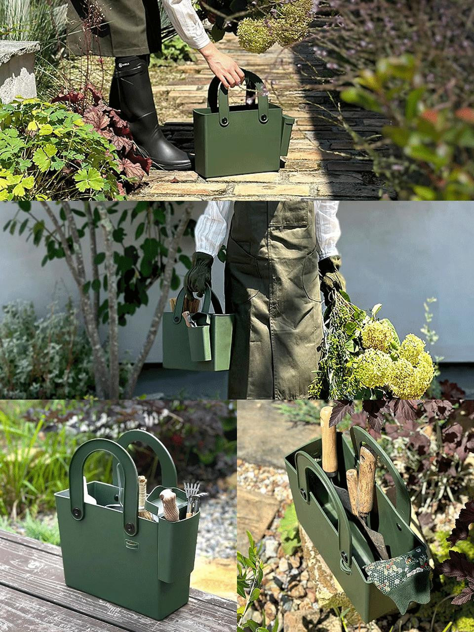 Green Hachiman garden tool bag with multiple compartments and sturdy handles, designed for organizing gardening tools.