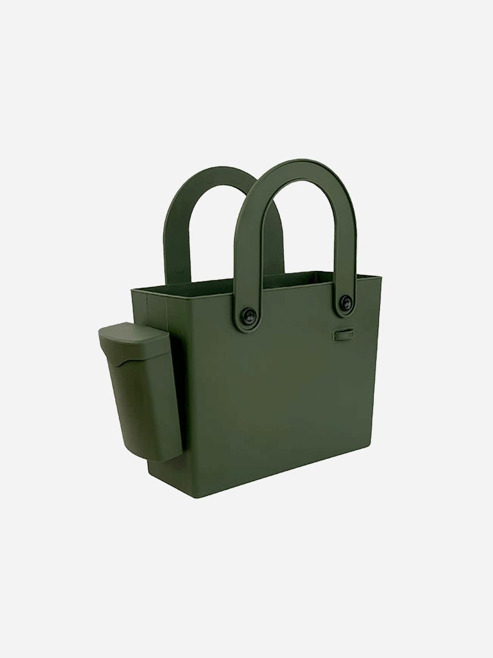 Hachiman green garden tool bag with multiple compartments, ideal for organizing hand tools and gardening accessories.