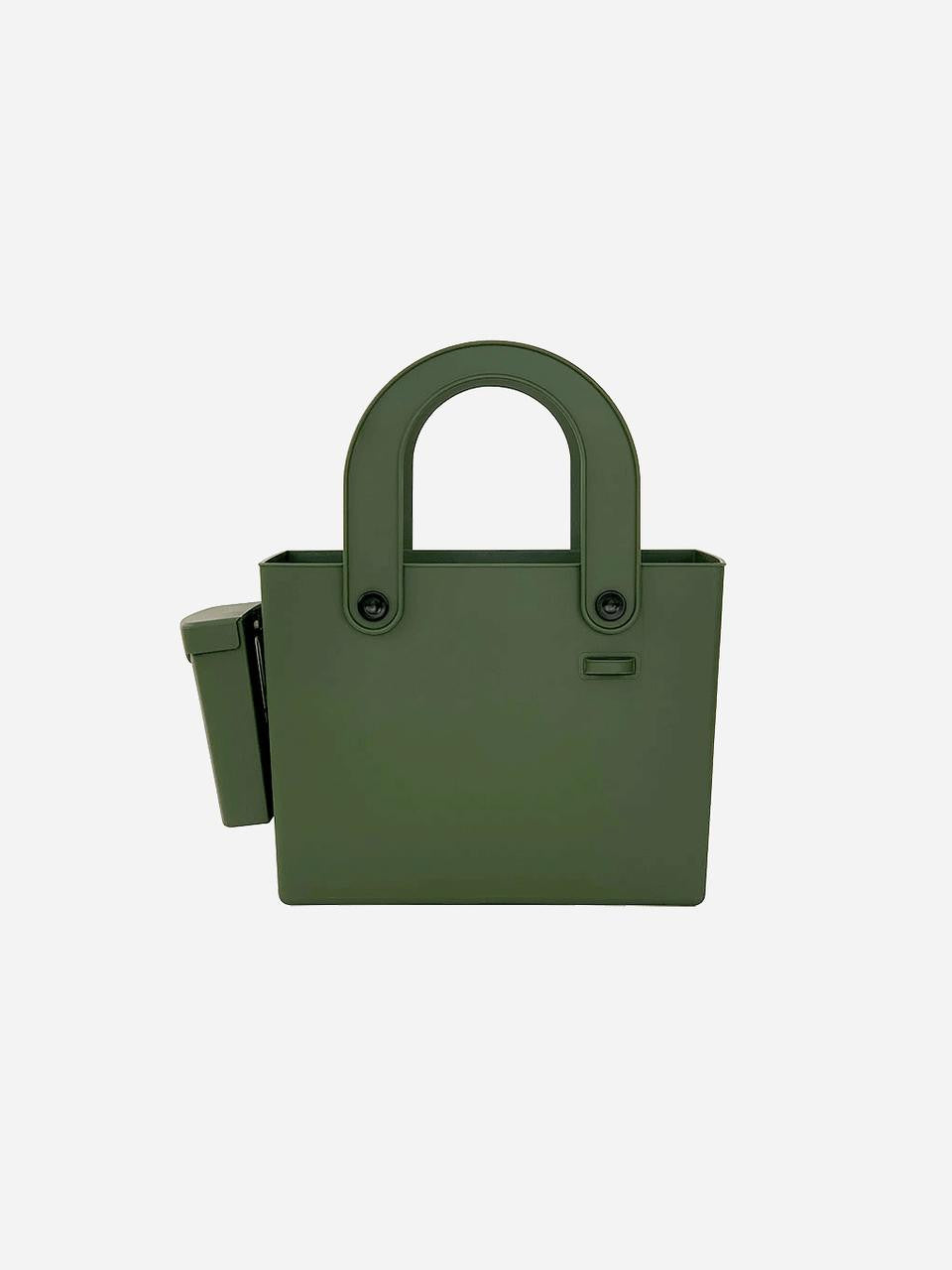 Green Hachiman garden tool bag with multiple pockets and compartments for organizing gardening tools.