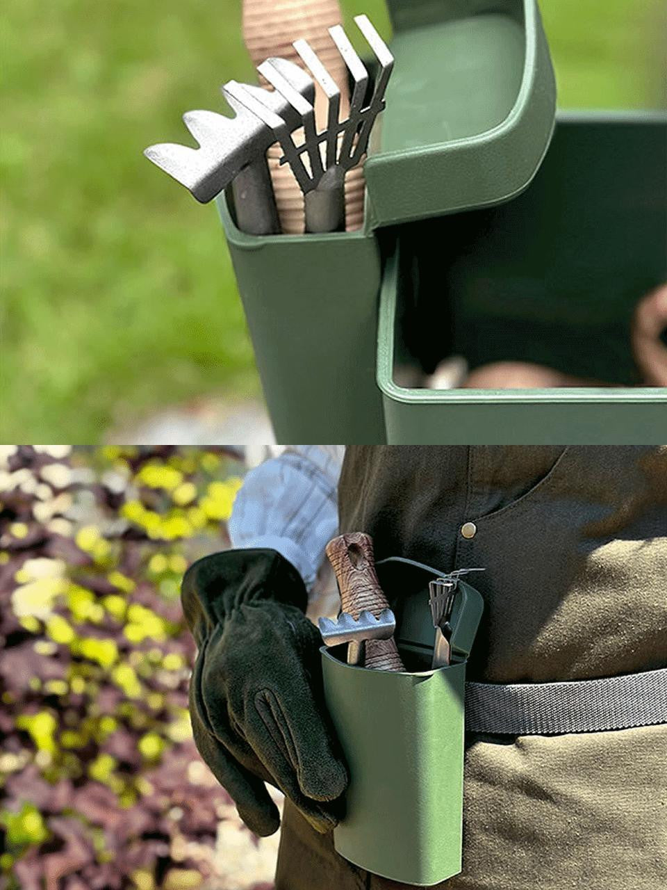 Red Hachiman garden tool bag with multiple pockets and sturdy handles, designed for outdoor gardening and tool organization.