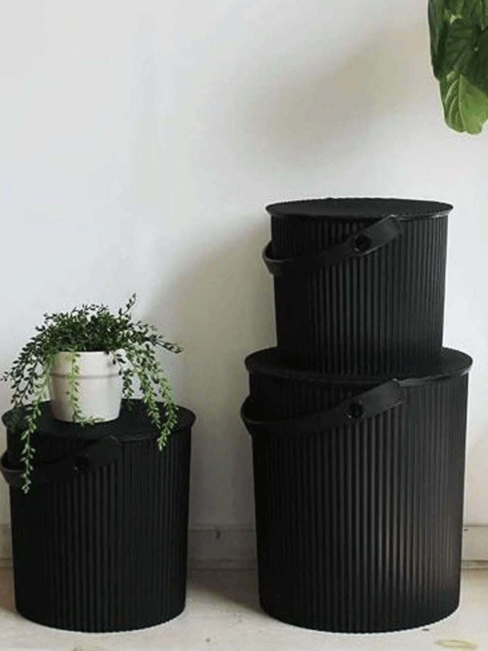 Hachiman Omnioutil Super Bucket in black, large 20L size, durable plastic container for industrial and household use.