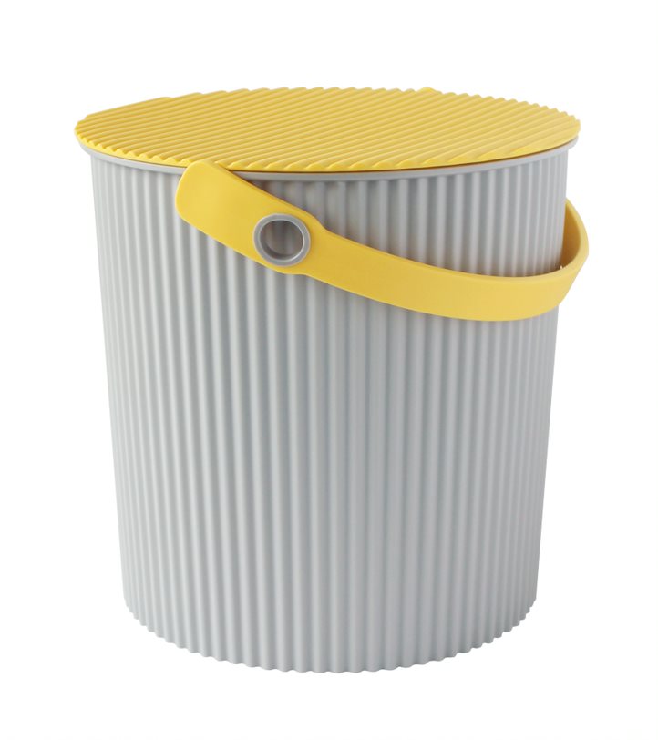 Hachiman Omnioutil Super Bucket in grey, medium size 8L, showing sturdy plastic construction and ergonomic handle for versatile use.