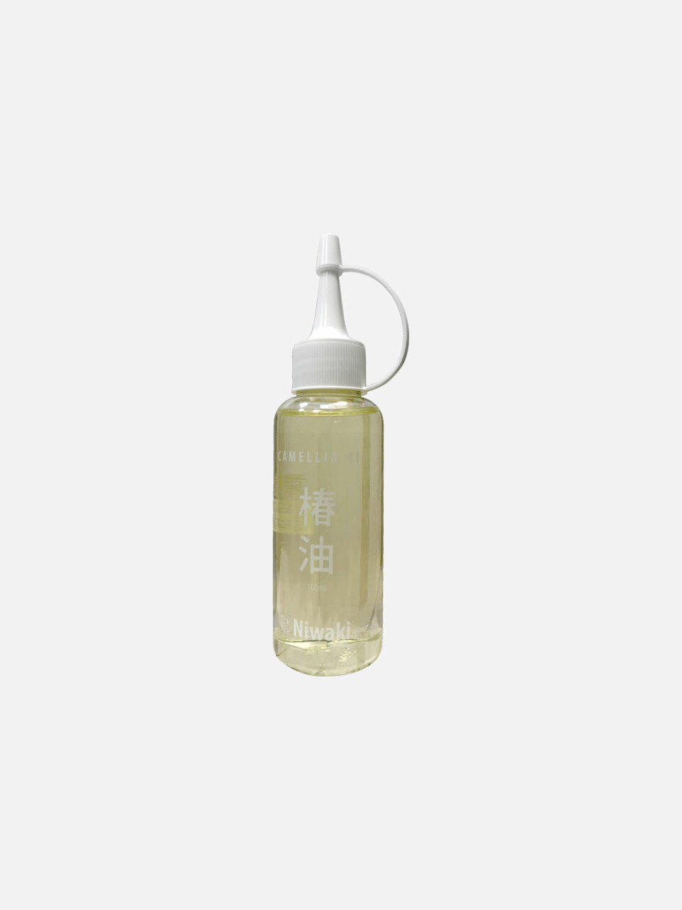 Bottle of Kamaki Camellia Oil with dropper cap, showcasing clear liquid in a sleek container, ideal for hair and skin care.
