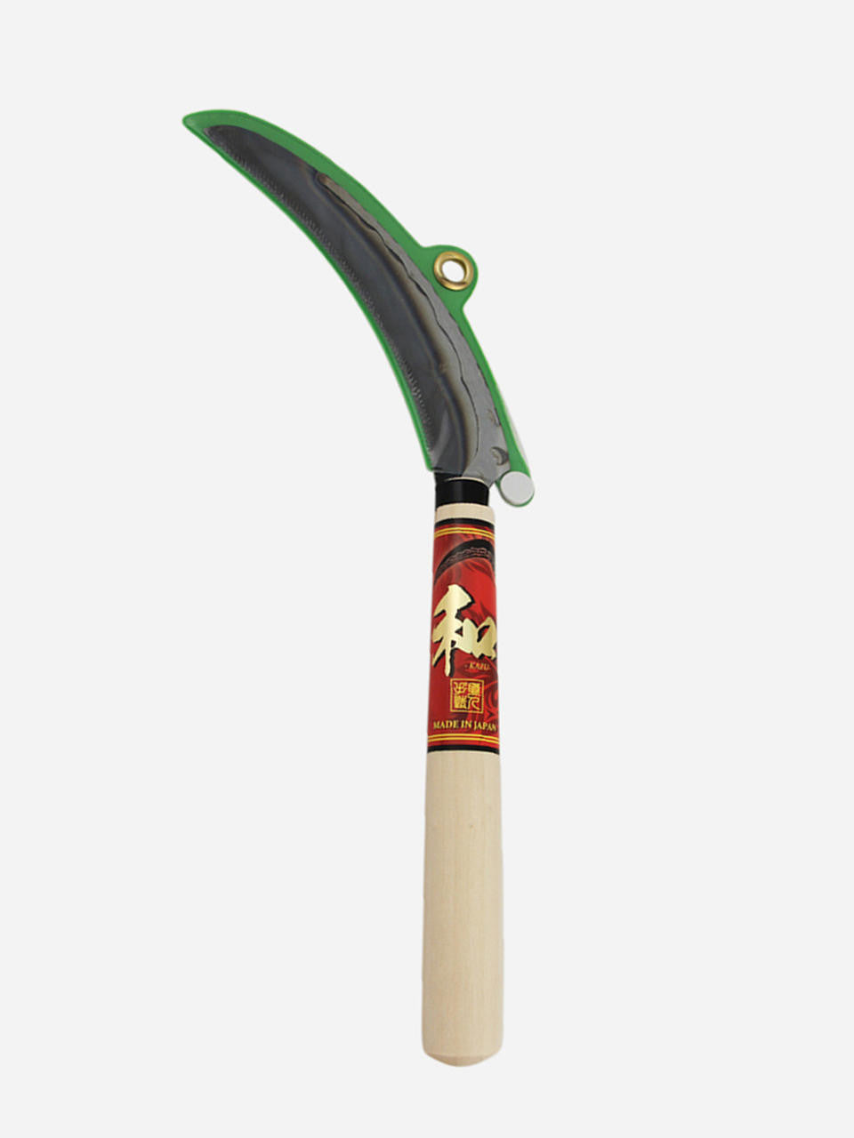 Maruyoshi Flax Cutter with wooden handle and sharp blade for cutting flax fibers, designed for efficient fiber processing.