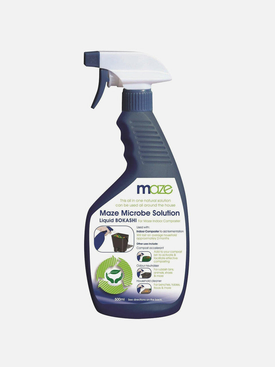 Maze Liquid Bokashi 500ml organic fermentation starter, visible in a clear bottle with a label and liquid inside.