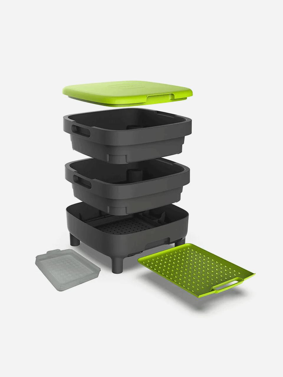 Maze 2-tier worm farm for composting, featuring stacked trays and a lid, designed for sustainable worm composting.