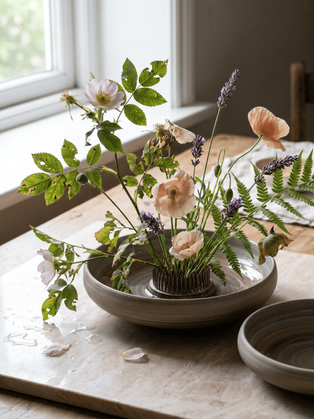 Ned Collections Harper Ikebana Bowl, ceramic flower arrangement bowl with intricate design and neutral tones.