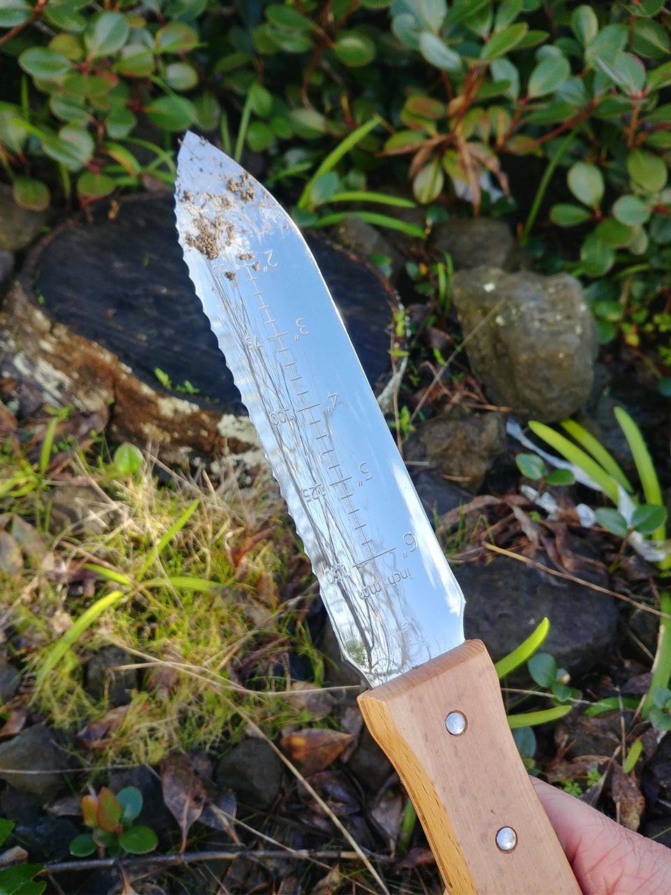 Nisaku Hori Hori Weeder 170mm with stainless steel blade and wooden handle, ideal for gardening and planting tasks