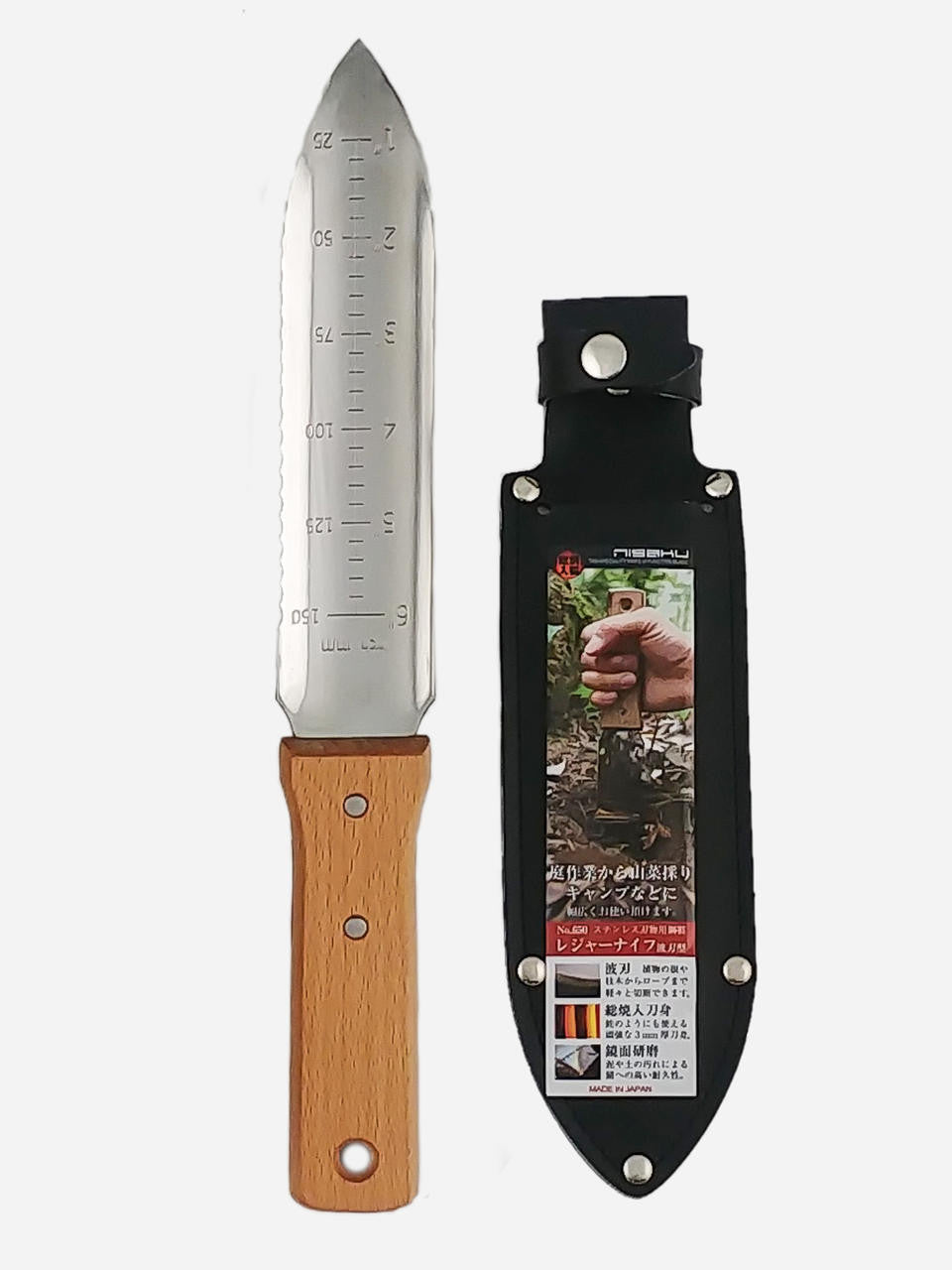 Nisaku Hori Hori Weeder 170mm gardening tool with a sharp blade and wooden handle for planting and weeding in the garden.