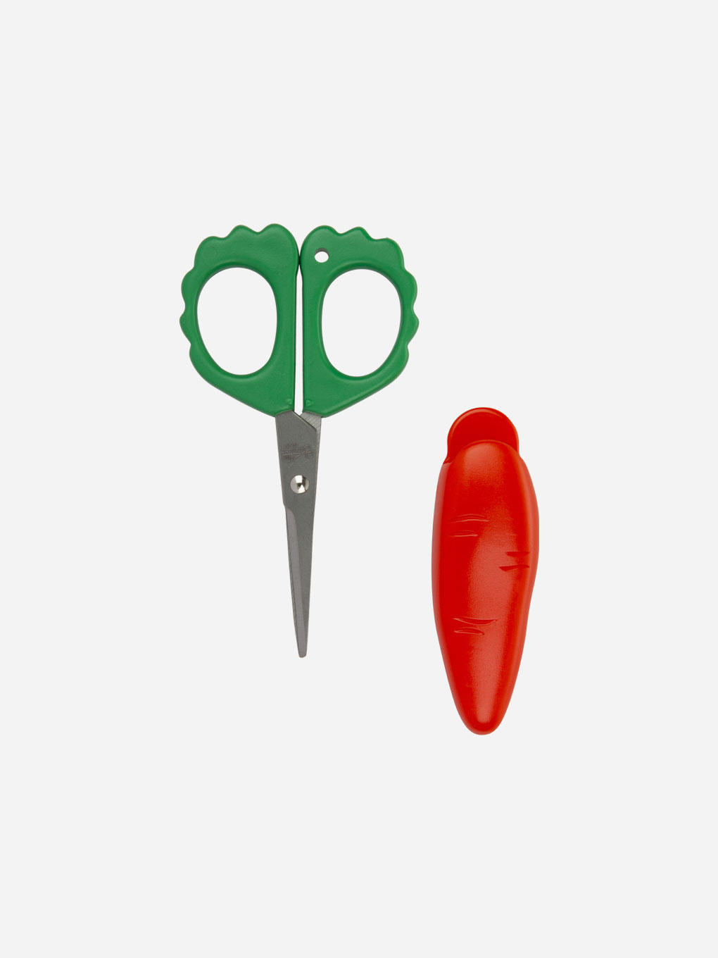 Niwaki Carrot Fridge Magnet Scissors with orange handle and metal blades, designed for kitchen or office use.