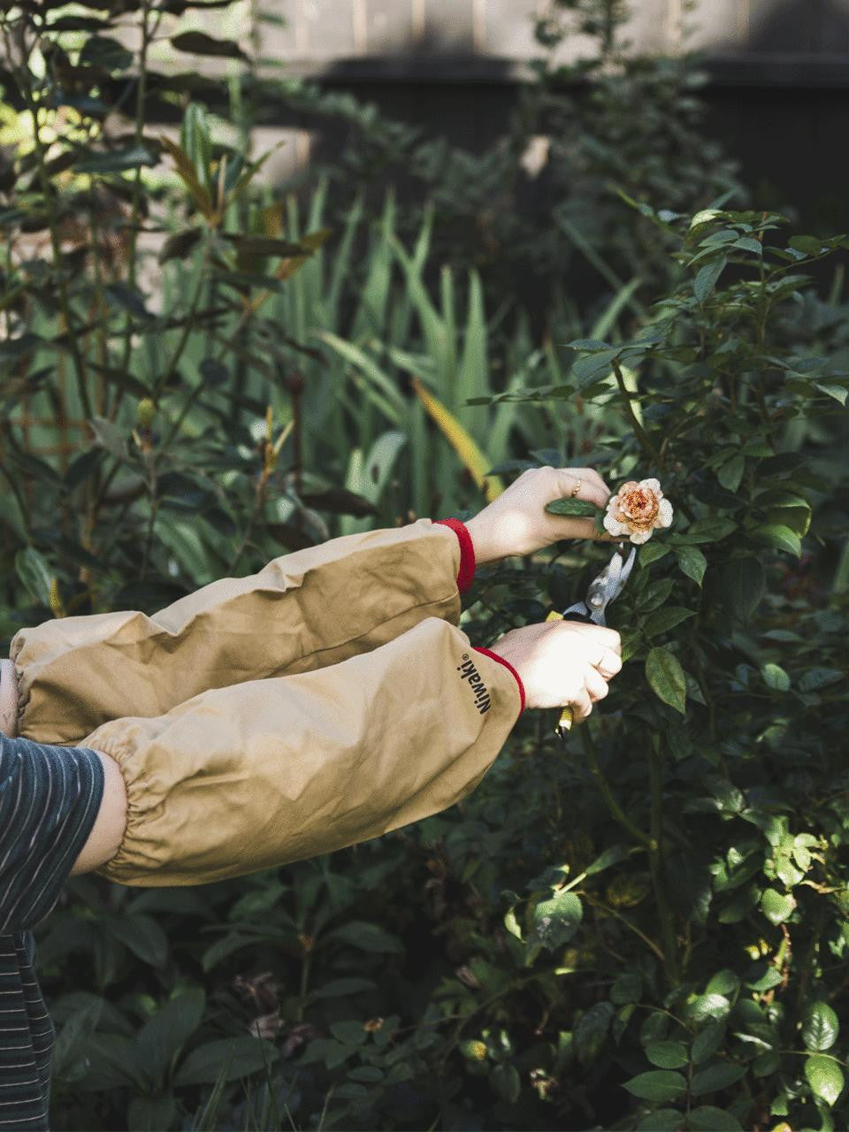 Niwaki arm covers in natural fabric, providing protection and comfort for gardening or outdoor work.