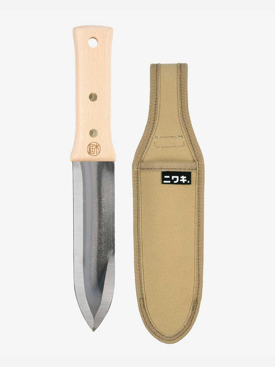 Niwaki Hori Hori Weeder with durable canvas holster, garden tool for digging and weeding, featuring a sharp blade and ergonomic handle.