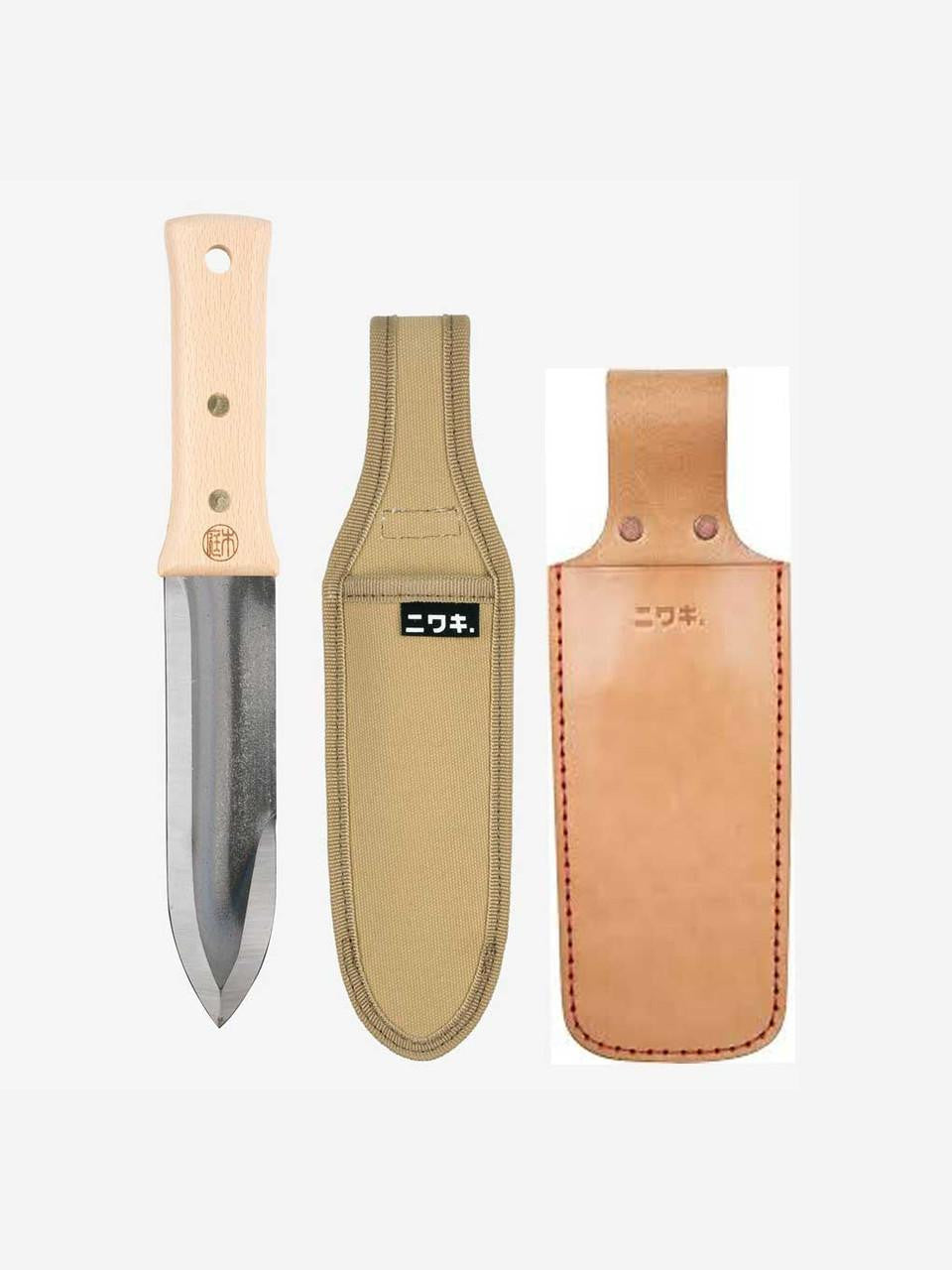 Niwaki Hori Hori weeder with a durable canvas holster, ideal for gardening and planting tasks.