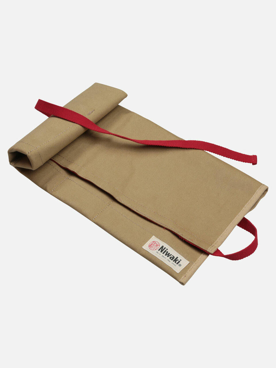 Niwaki tool roll with multiple compartments for gardening tools, made of durable fabric, neatly rolled open displaying tools inside.