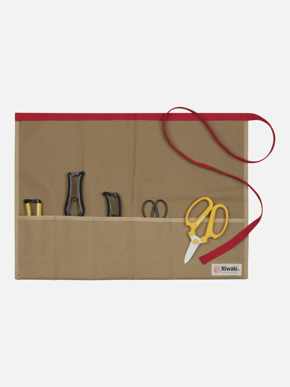 Niwaki tool roll with multiple pockets for gardening tools, made of durable fabric, shown open with various tools inside.