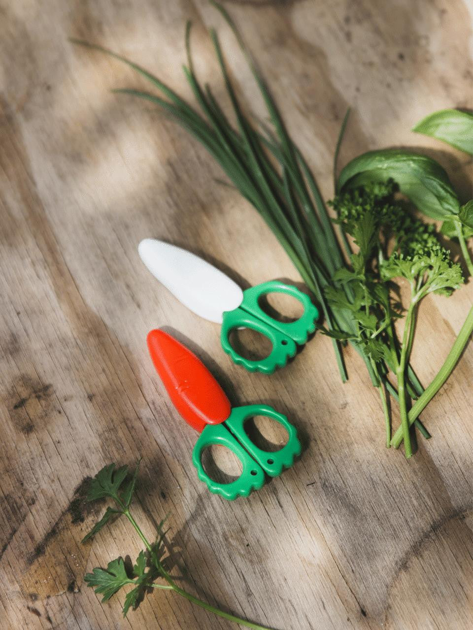 Niwaki fridge magnet scissors with carrot design, featuring a magnetic handle for kitchen or office use.