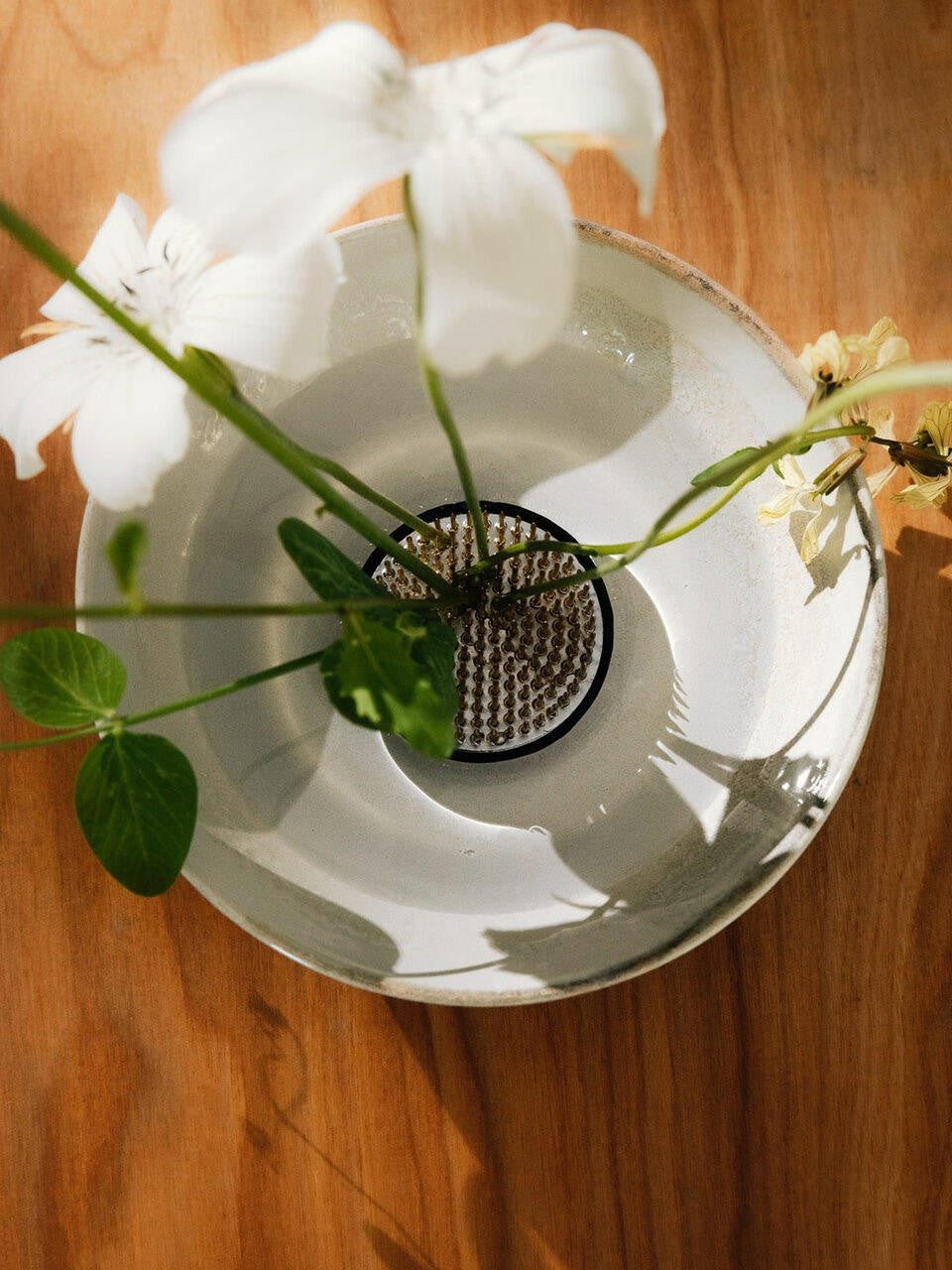 Small Niwaki Kenzan flower frog with metal prongs for floral arrangements and ikebana display.