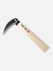 Niwaki Mini Sickle with curved blade and wooden handle, ideal for small gardening and pruning tasks.