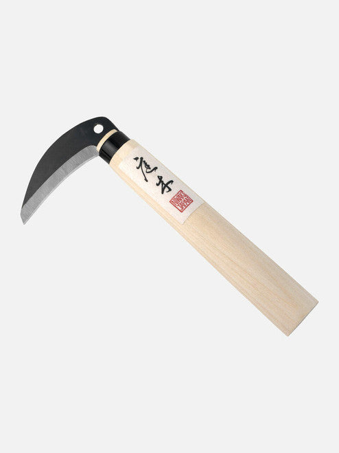 Niwaki Mini Sickle with curved blade and wooden handle, ideal for small gardening and pruning tasks.