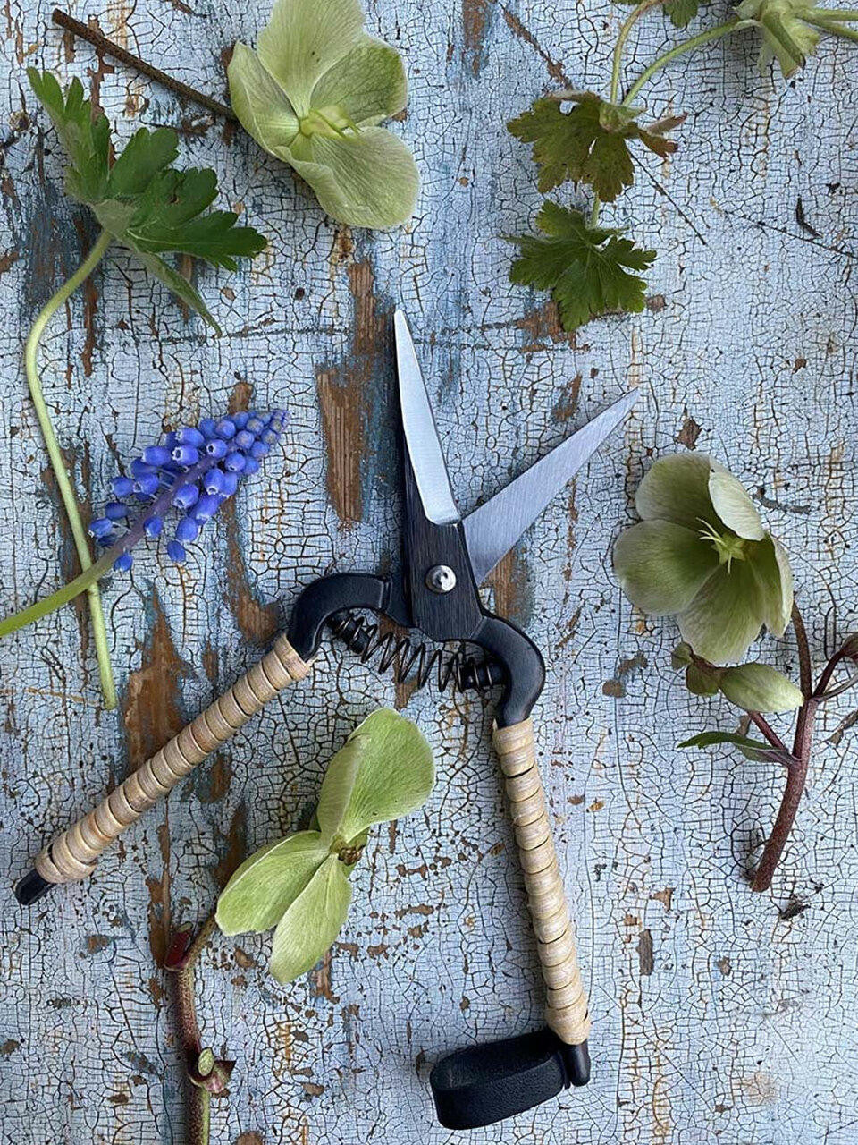 Niwaki Rattan Snips with ergonomic handles and sharp blades for precise cutting of rattan and garden materials.