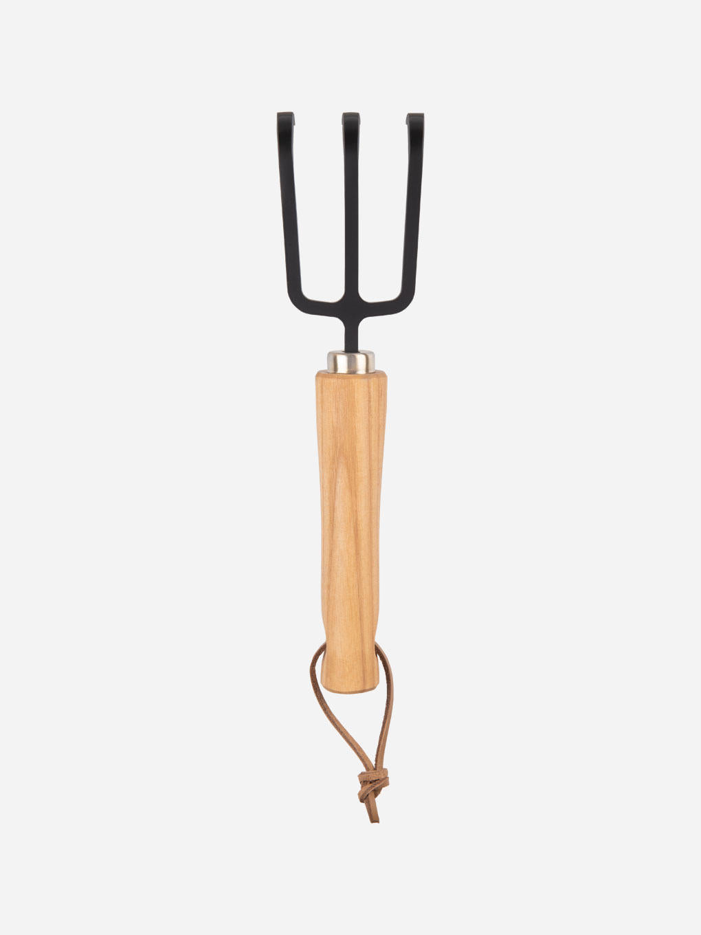 Niwaki Moku Cultivator with wooden handle and metal tines for gardening and soil cultivation.