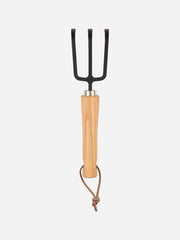 Niwaki Moku Cultivator with wooden handle and metal tines for gardening and soil cultivation.