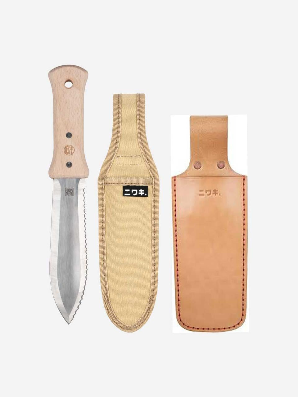 Niwaki S-Type Hori Hori Weeder in small and standard sizes, with a stainless steel blade and wooden handle for gardening.