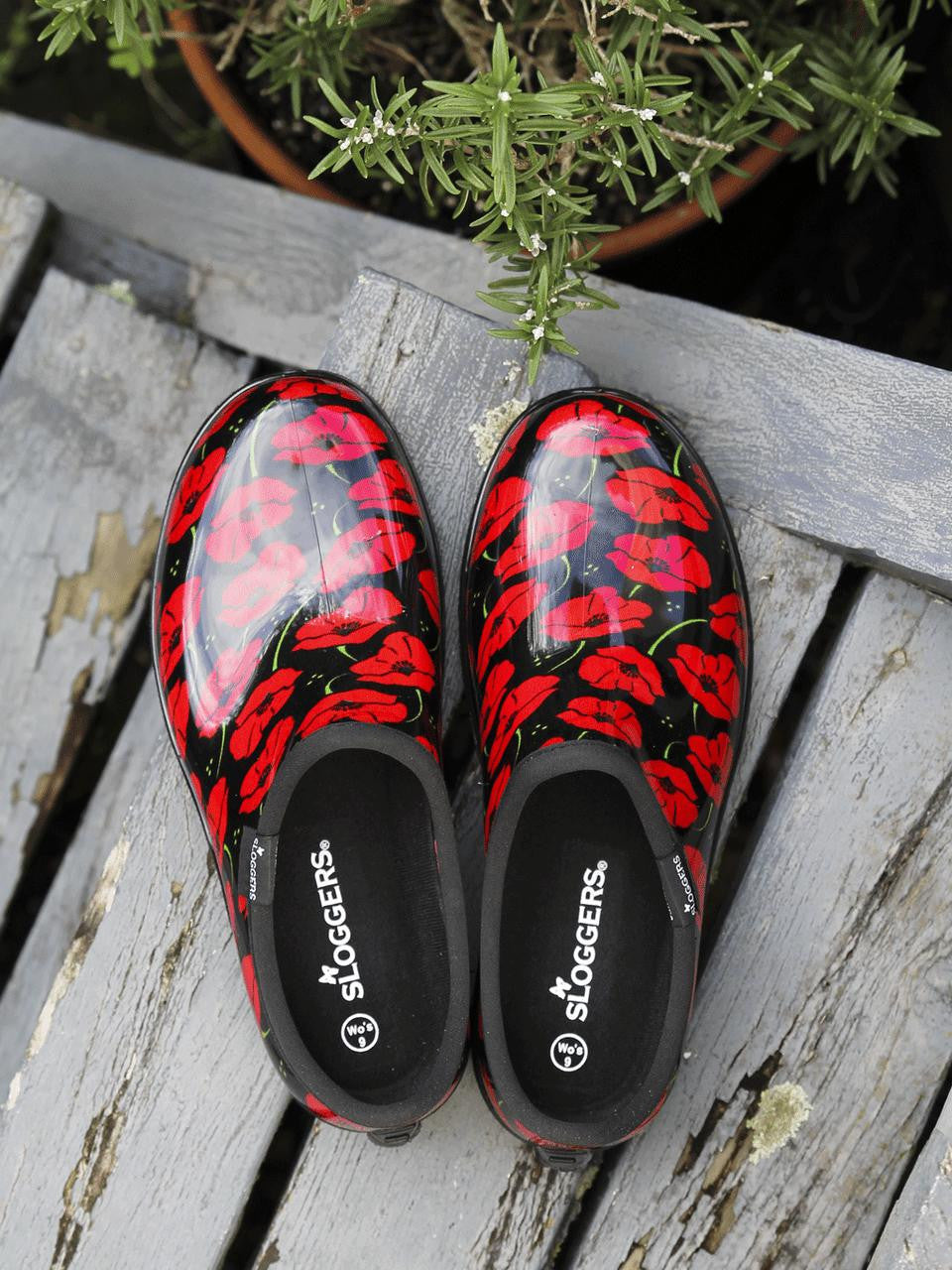 Sloggers Women's Rain Shoes in Red Poppies, comfortable slip-on for garden and outdoor tasks — Bugg