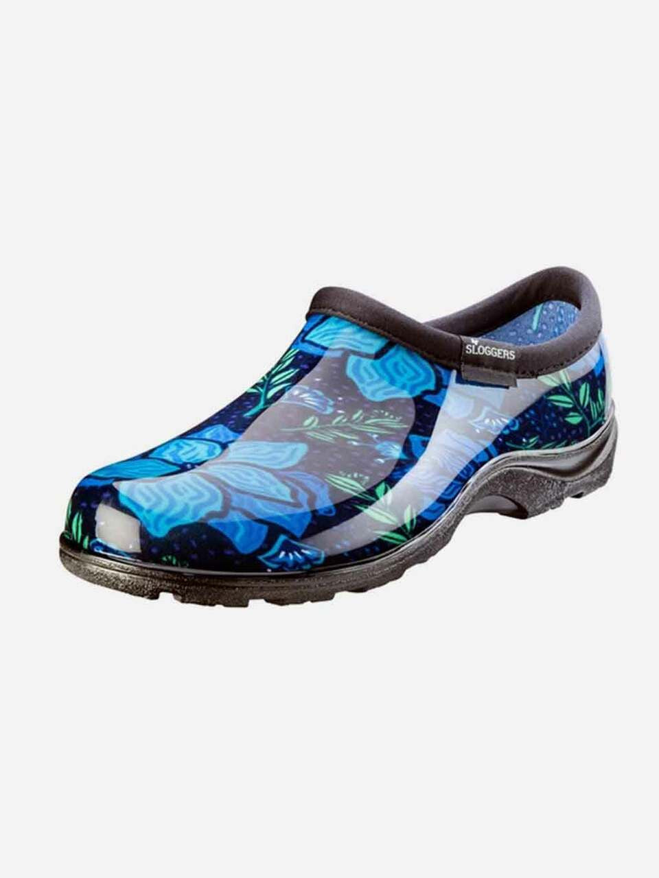 Women's spring rain shoes by Sloggers featuring colorful floral patterns, waterproof design, and comfortable slip-on style.