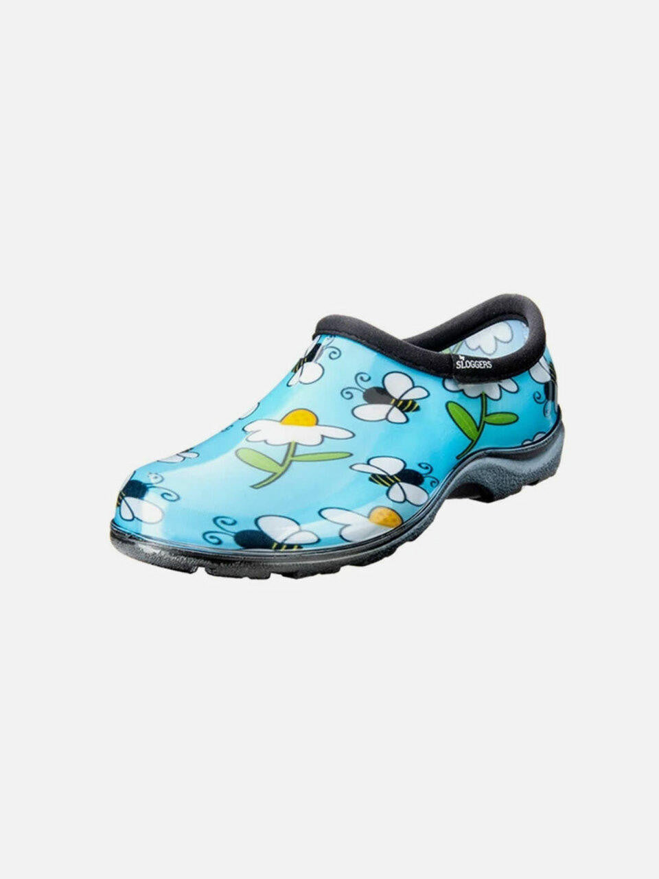 Women's Bee Blue Sloggers rain shoes with waterproof design and colorful bee pattern, suitable for wet weather.