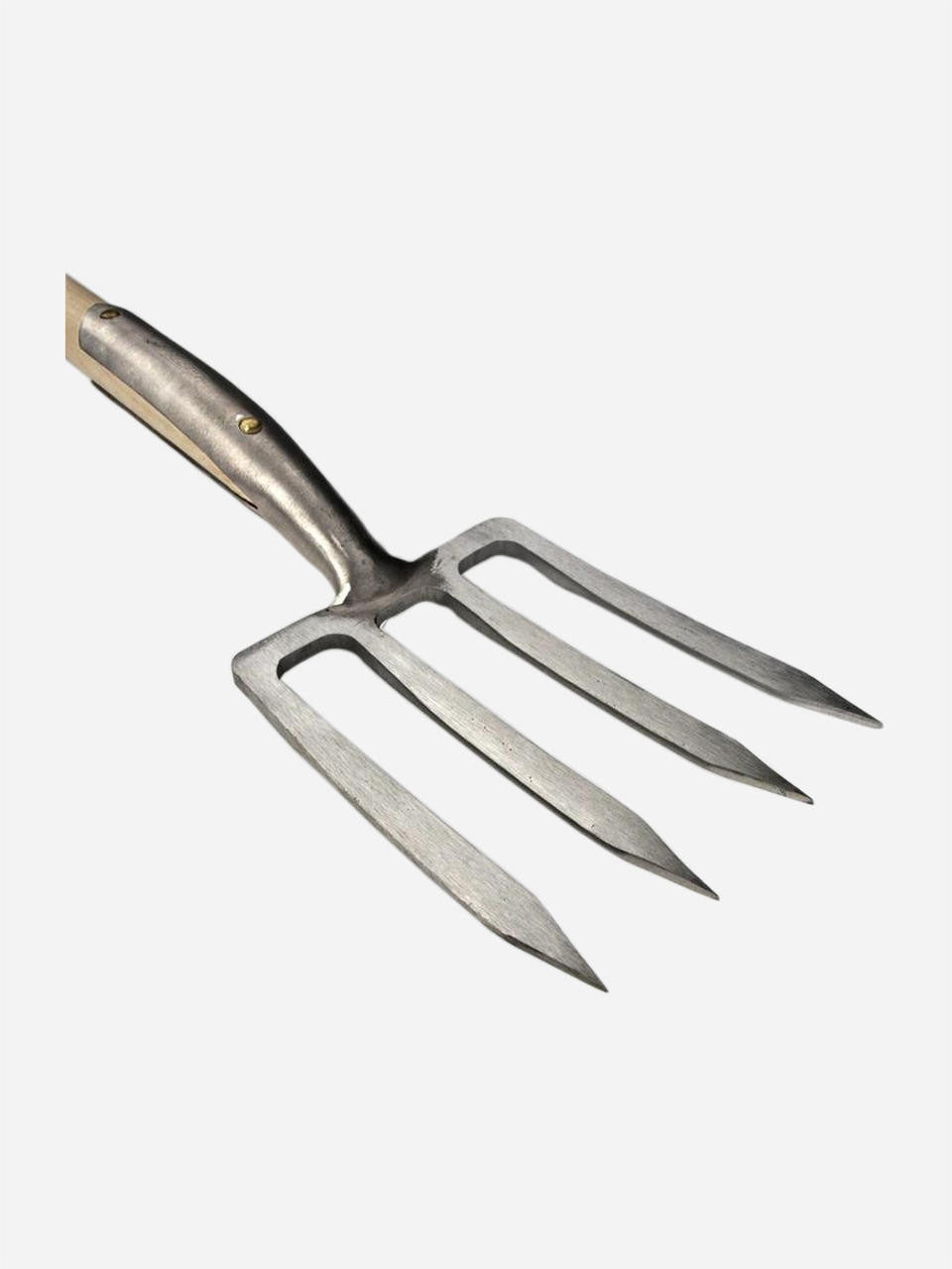 Sneeboer Border Fork 4 Tyne Luxe with polished stainless steel tines and wooden handle for gardening and planting tasks.
