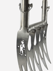 Sneeboer broadfork with wooden handles and metal tines for aerating and loosening garden soil.