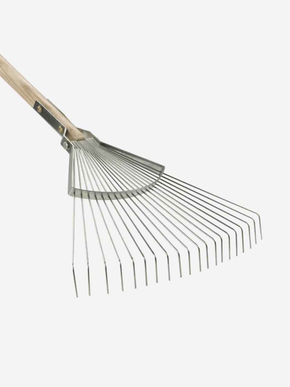 Sneeboer Leaf Rake 20-tine showing metal tines and sturdy handle for yard cleanup — Bugg