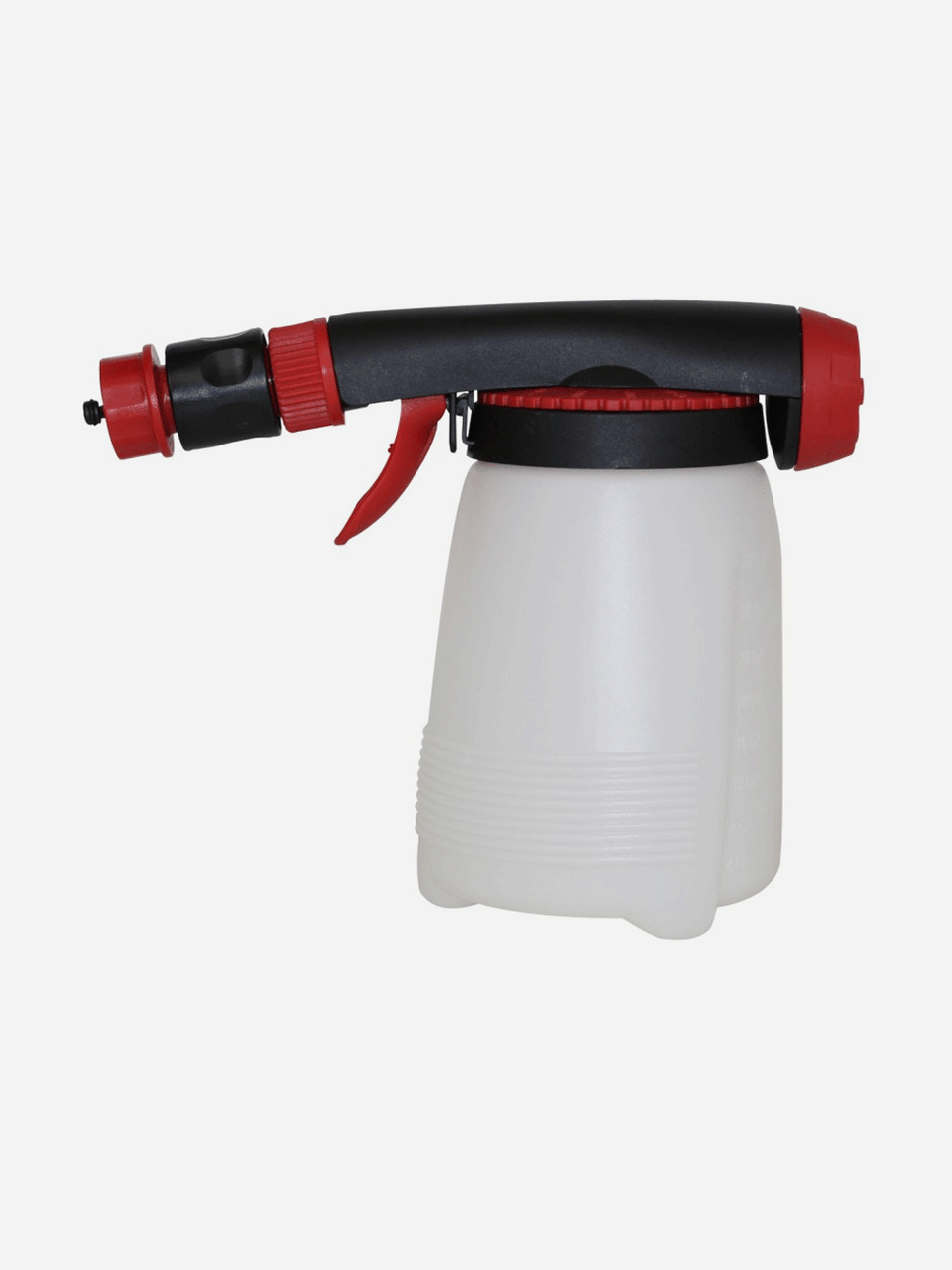 Solo Hose-end Sprayer 405 HE in use, showing its adjustable nozzle and handle for garden fertilizing and pesticide application.