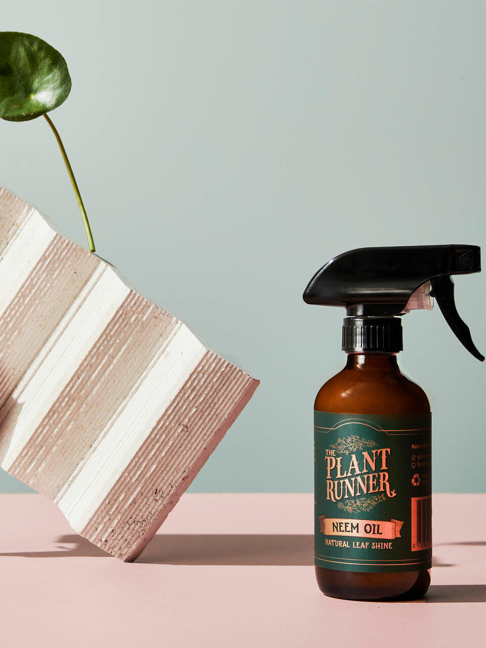 Botanical neem oil bottle from The Plant Runner, natural remedy for plants and skin, with a clear label and dark glass bottle.