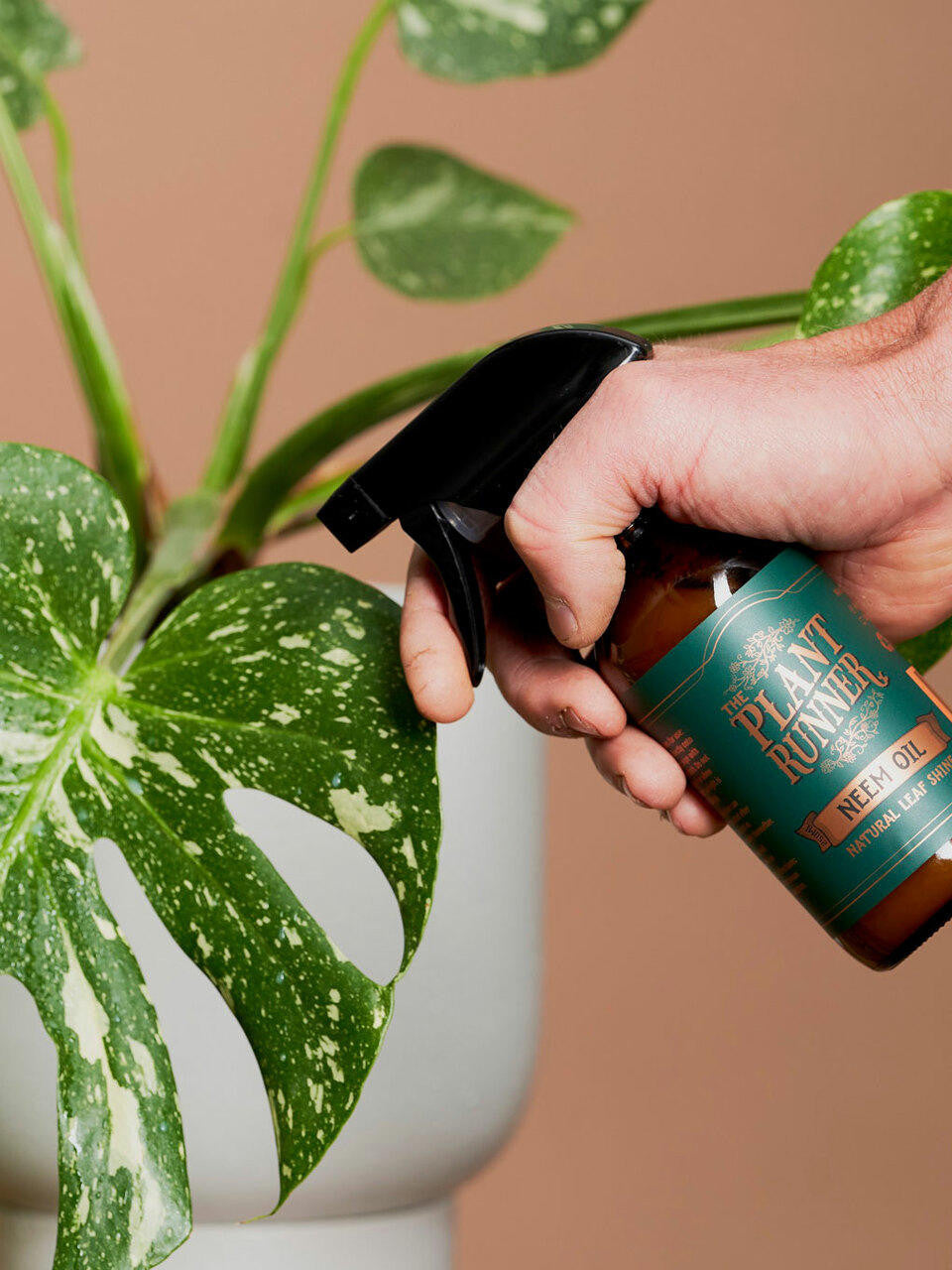 Bottle of The Plant Runner Neem Oil, natural remedy for plant health, with dropper cap, on a neutral background.