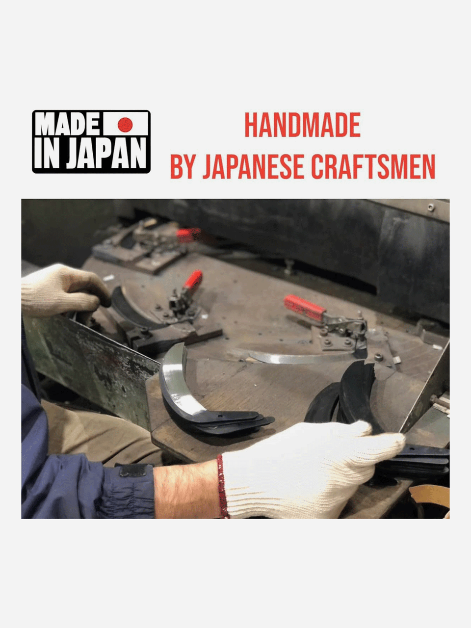 Toyotomi Kozan flax sickle with wooden handle and curved metal blade, used for harvesting flax and other crops.