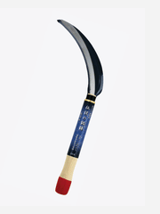 Toyotomi Kozan flax sickle with wooden handle and sharp metal blade for harvesting flax and grains.
