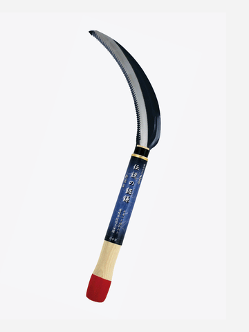 Toyotomi Kozan flax sickle with wooden handle and sharp metal blade for harvesting flax and grains.