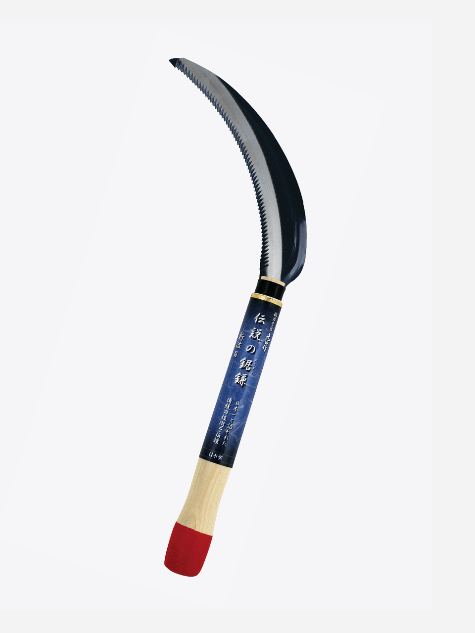 Toyotomi Kozan flax sickle with wooden handle and sharp metal blade for harvesting flax and grains.