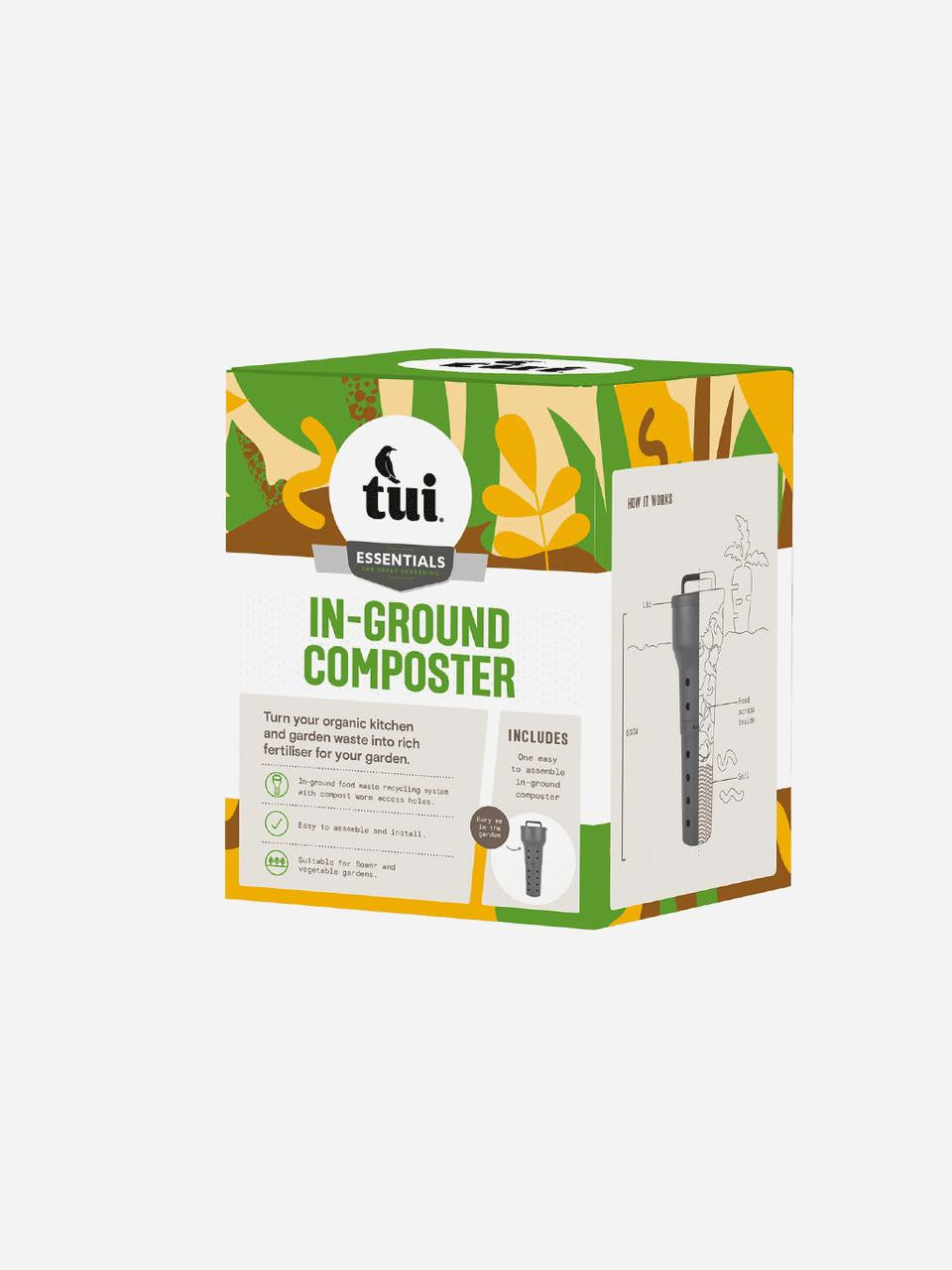 In-ground composter by Tui Garden Products showing a durable outdoor composting unit in a garden setting