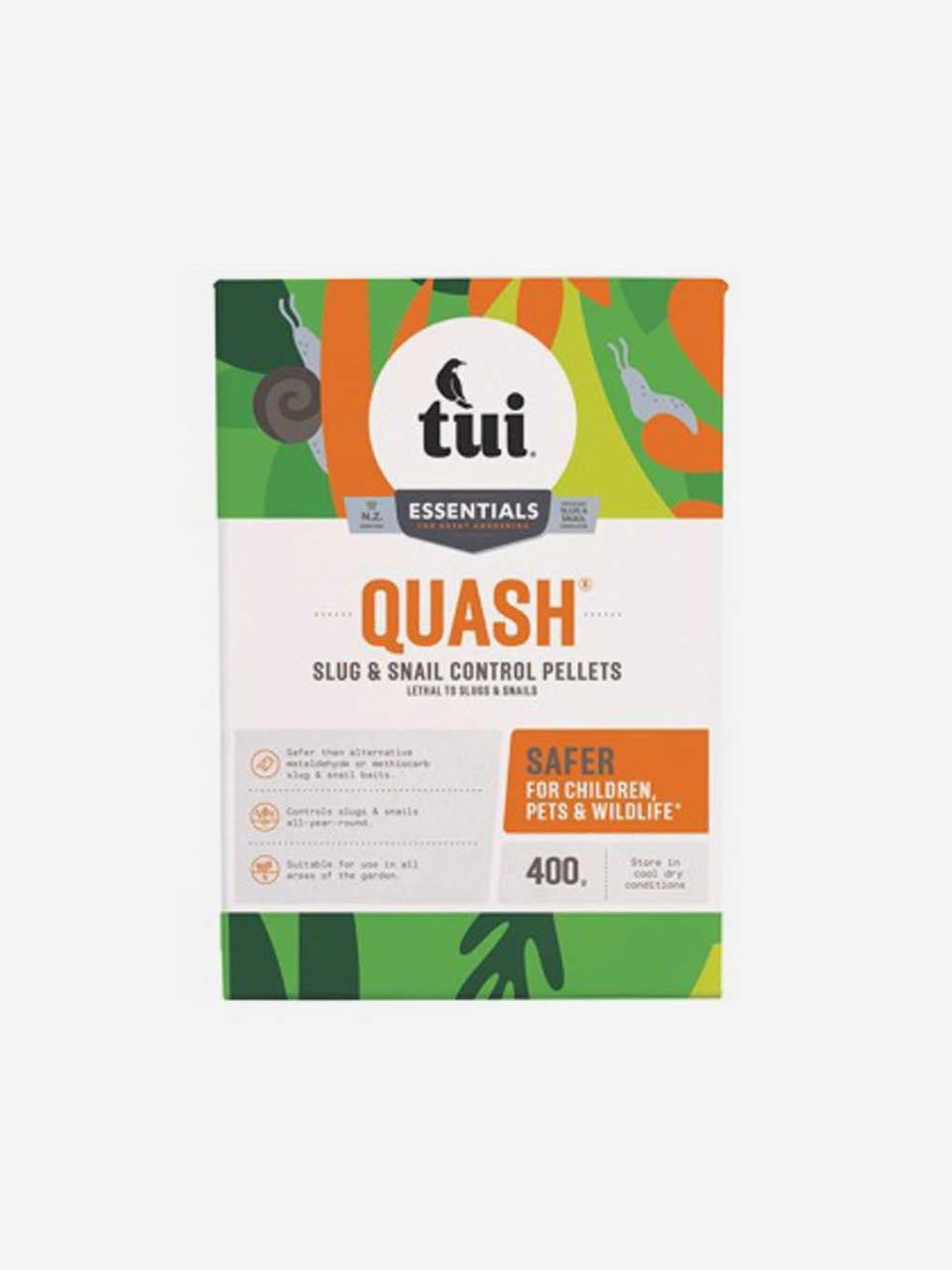 Tui Garden Products Quash slug and snail control granules for organic pest management in gardens.