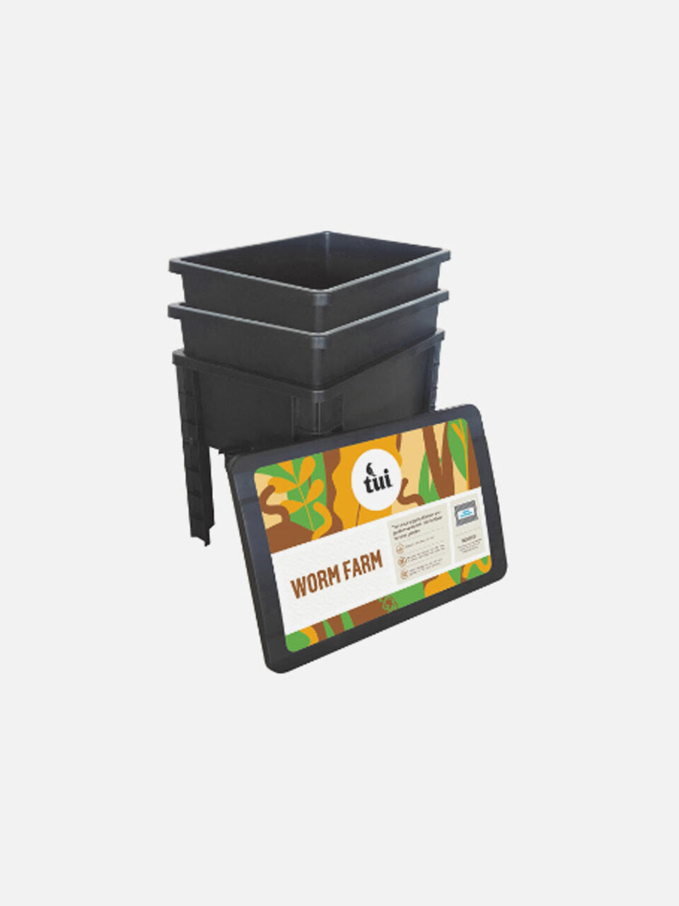Tui Worm Farm by Tui Garden Products showing a composting worm farm with multiple tiers for garden composting.