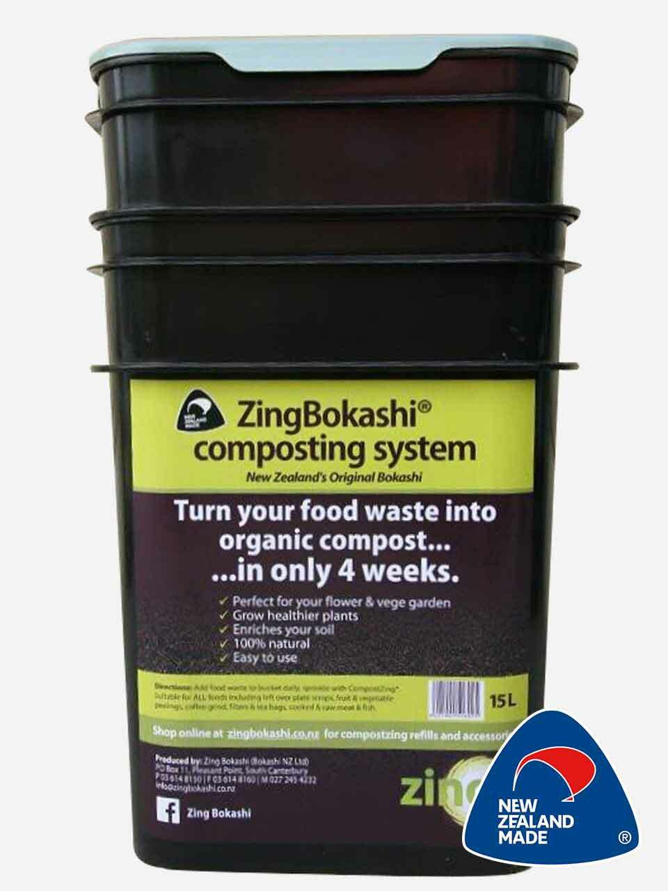 ZingBokashi 15-litre Bokashi Bucket in black for converting food waste into garden compost — Bugg
