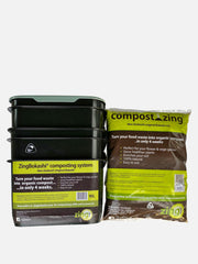 ZingBokashi 10L Starter Kit with Bokashi fermentation bins and starter culture for composting organic waste at home.